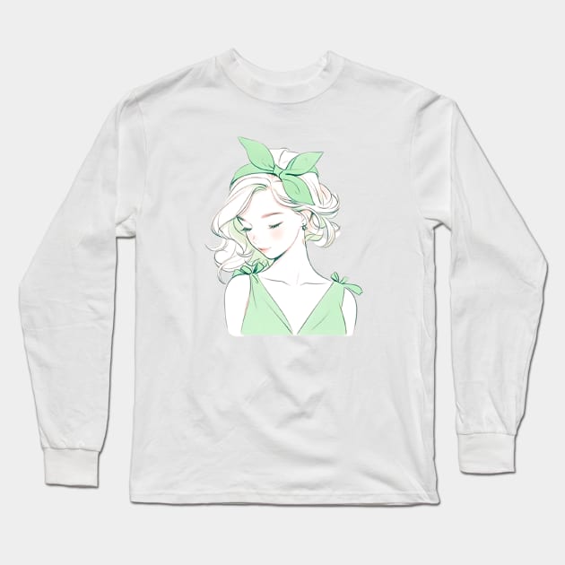 Minimalist line art pretty girl in green Long Sleeve T-Shirt by girl with pride